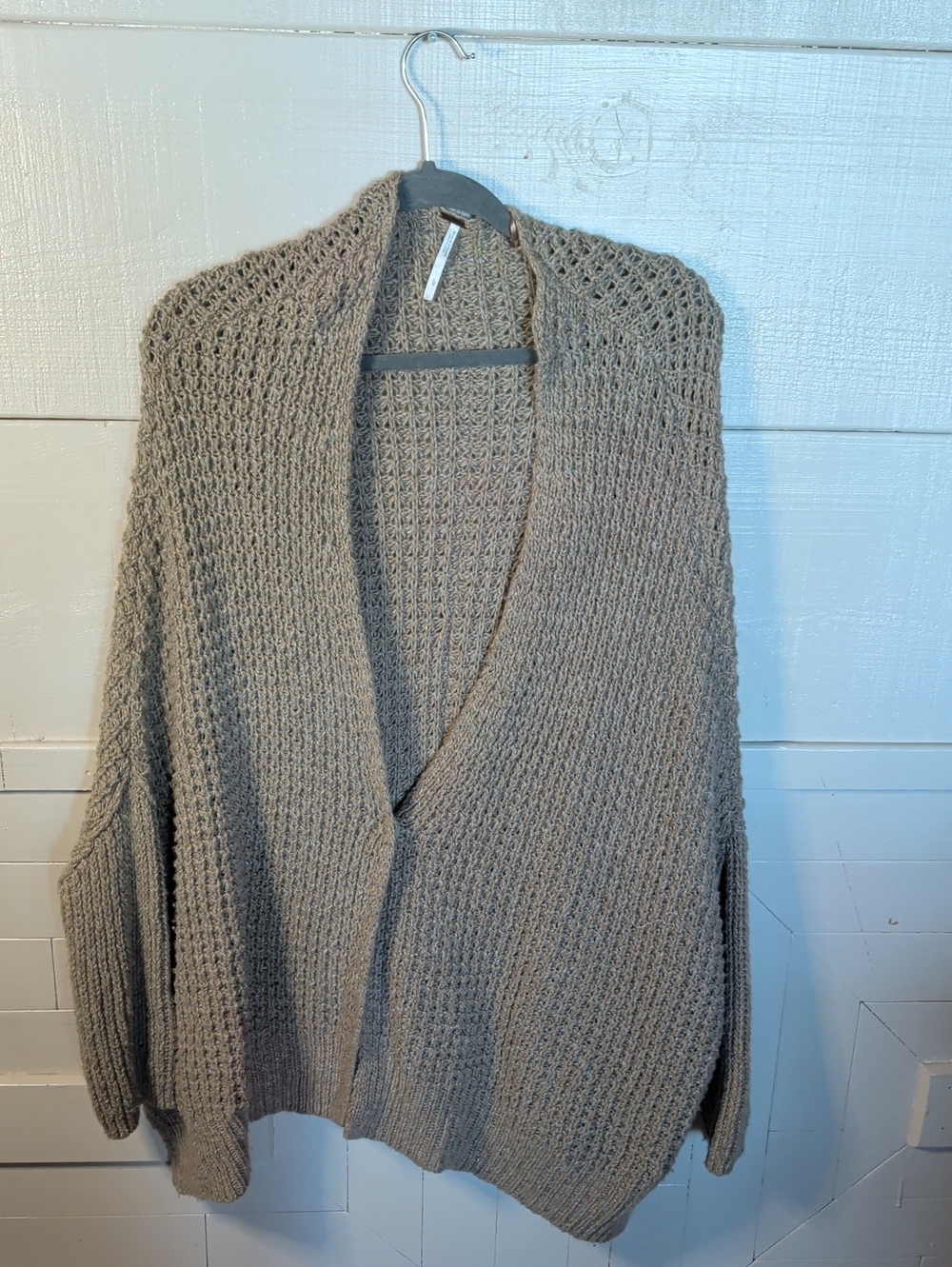 Free People Relaxed Open-Front Knit Cardigan in Taupe